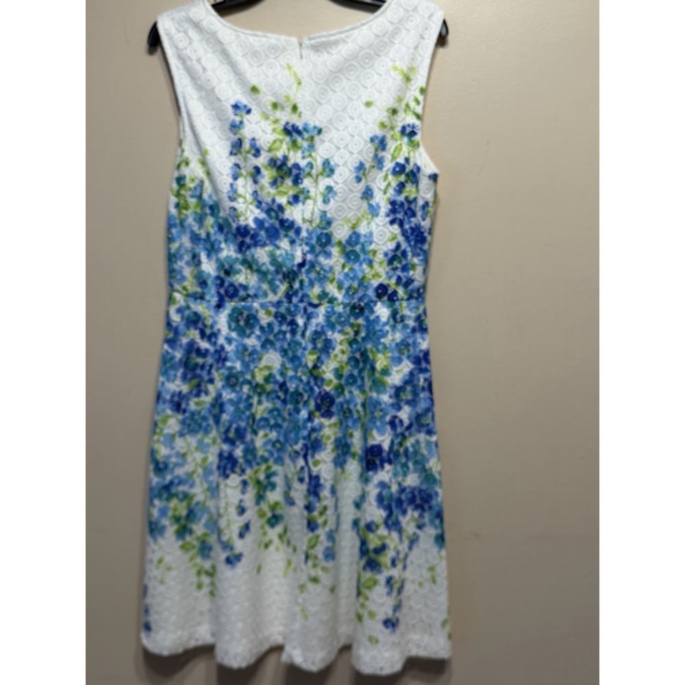 Dress Studio One Sz 12 Women's White Blue Floral Scoop Neck A-Line Textured Lace - Picture 4 of 6